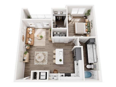 Floor plan for 1 bed, 1 bath, 919 sqft